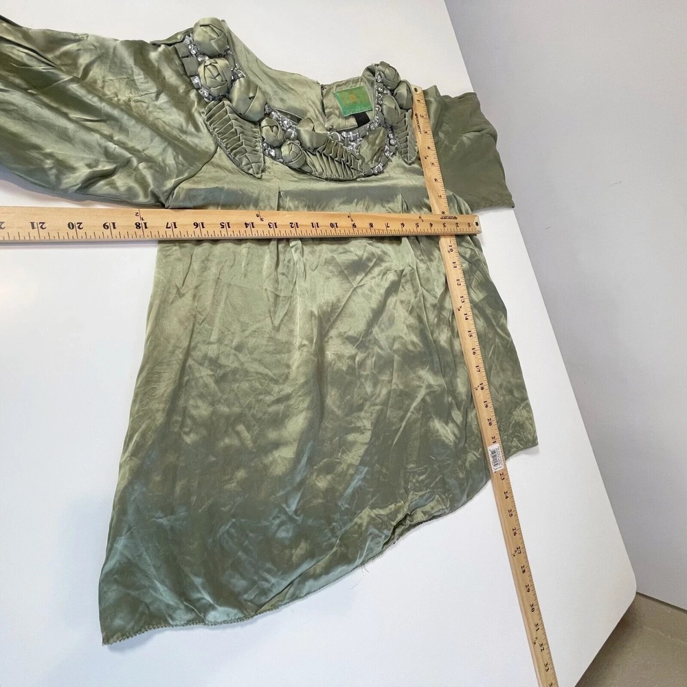 Tracy Porter 3/4 Puff‎ Sleeve Jeweled Neck Blouse Womens 4-6 Green Pleated Satin - Picture 7 of 7